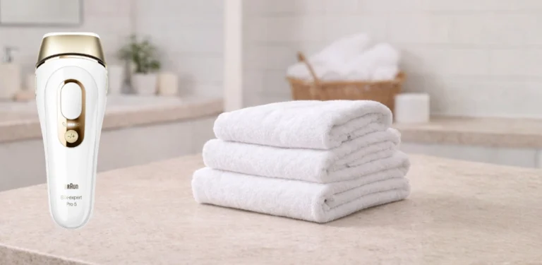 Braun Silk-expert Pro 5 PL5157 IPL-Gerät im Badezimmer neben weißen Handtüchern