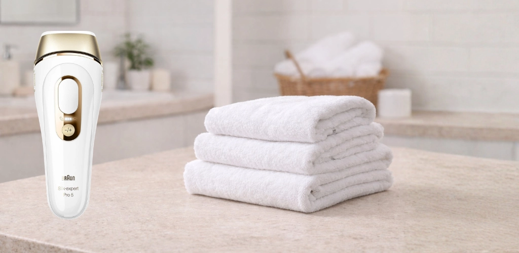 Braun Silk-expert Pro 5 PL5157 IPL-Gerät im Badezimmer neben weißen Handtüchern