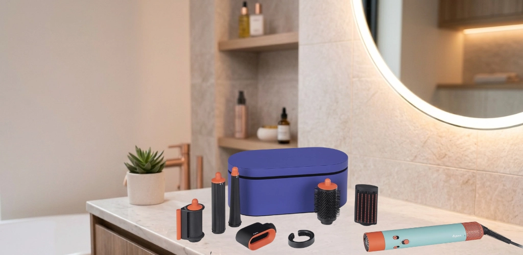 Dyson Airwrap multistyler s nastavcima i kutijom u modernoj kupaonici – detaljna recenzija i iskustva.