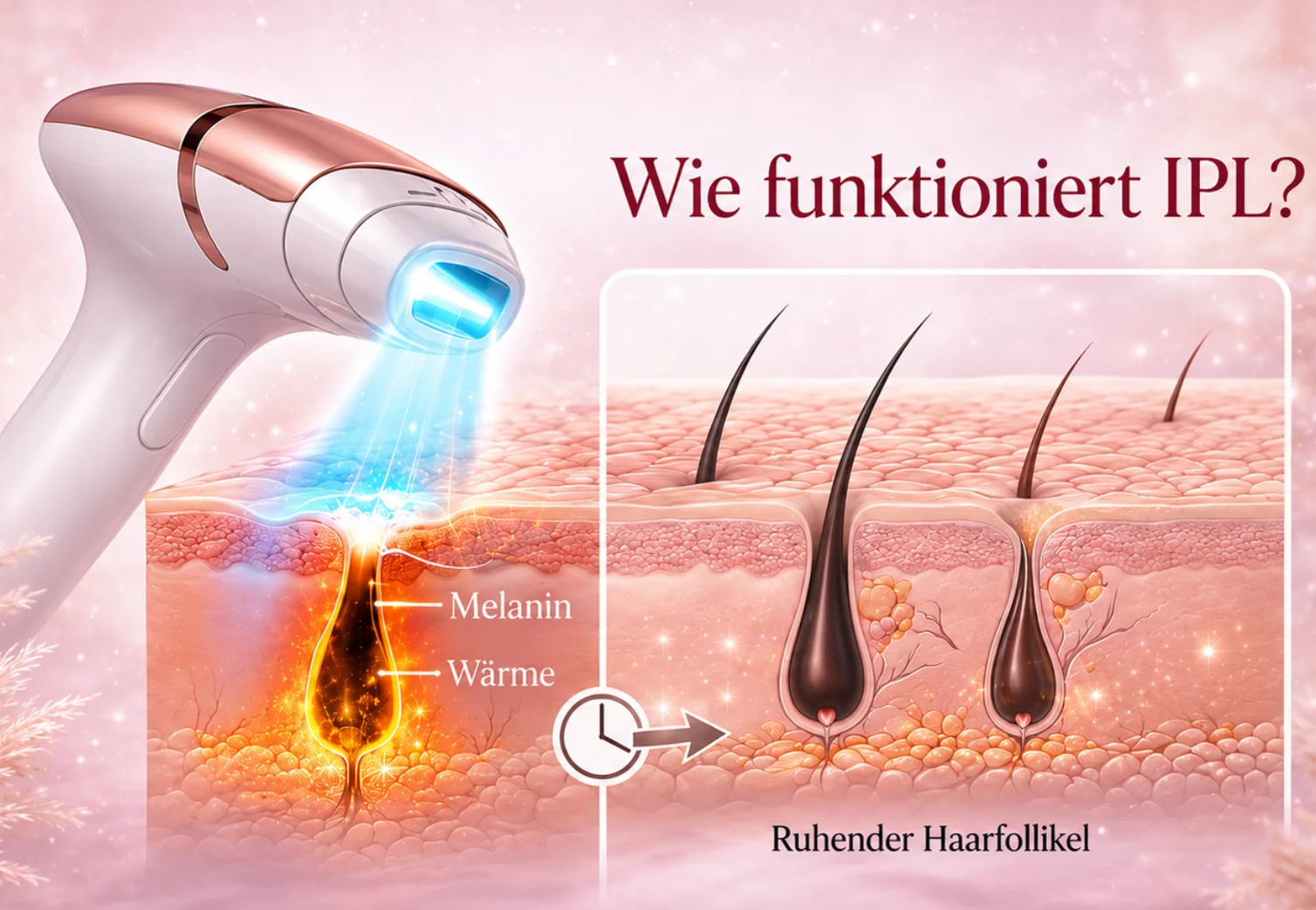 Wie funktioniert IPL? Grafik zur IPL-Haarentfernung mit Melanin, Wärme und ruhendem Haarfollikel.