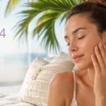 Foreo Luna 4 - Mlada žena s blistavim tenom nježno dodiruje svoje lice u opuštajućem ambijentu s palmama u pozadini.