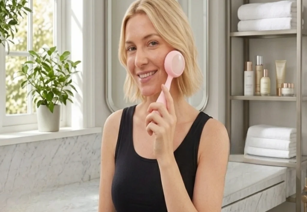 Žena koristi PMD Clean Pro uređaj za čišćenje i masažu lica tijekom rutine njege kože.